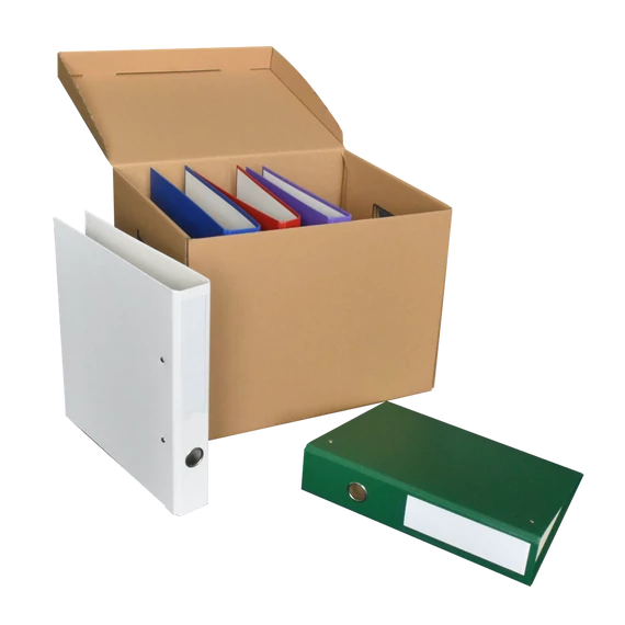 Archiváló konténer karton doboz fedeles 42x31x32cm, felfelé nyíló tetővel (kívül záródó) Bluering® barna