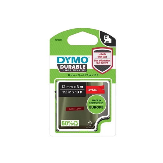 Feliratozógép szalag tartós Dymo D1 1978366 12mmx3m, ORIGINAL, fehér/piros