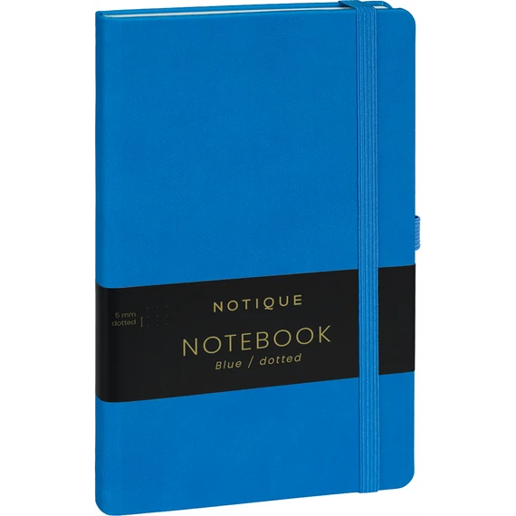 Keménytáblás notesz pontozott vonalozással krémszínű lapokkal leszorító gumiszalaggal Blue 130x210mm, Presco