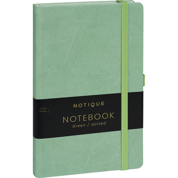 Keménytáblás notesz pontozott vonalozással krémszínű lapokkal leszorító gumiszalaggal Green 130x210mm, Presco