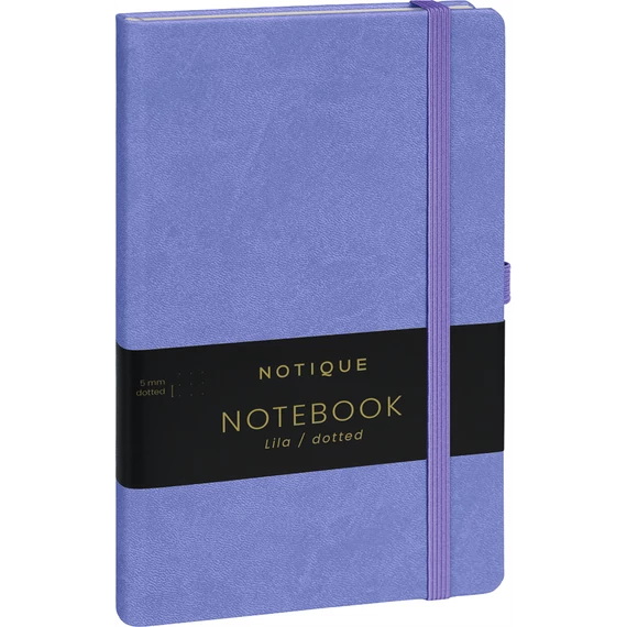 Keménytáblás notesz pontozott vonalozással krémszínű lapokkal leszorító gumiszalaggal Lila 130x210mm, Presco