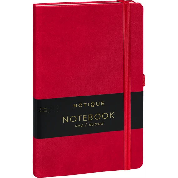 Keménytáblás notesz pontozott vonalozással krémszínű lapokkal leszorító gumiszalaggal Red 130x210mm, Presco