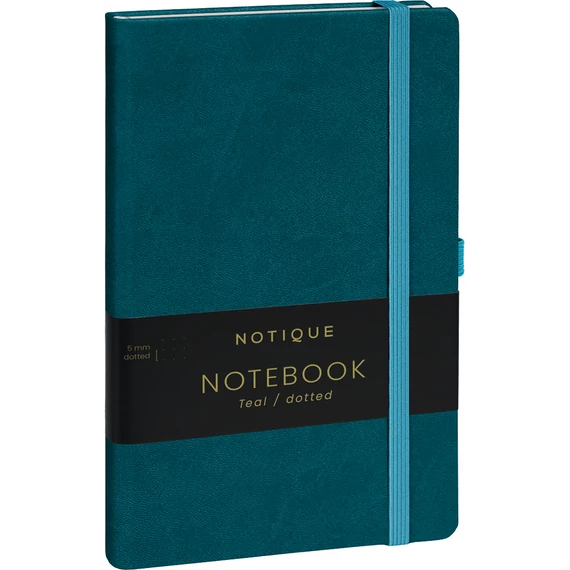 Keménytáblás notesz pontozott vonalozással krémszínű lapokkal leszorító gumiszalaggal Teal 130x210mm, Presco