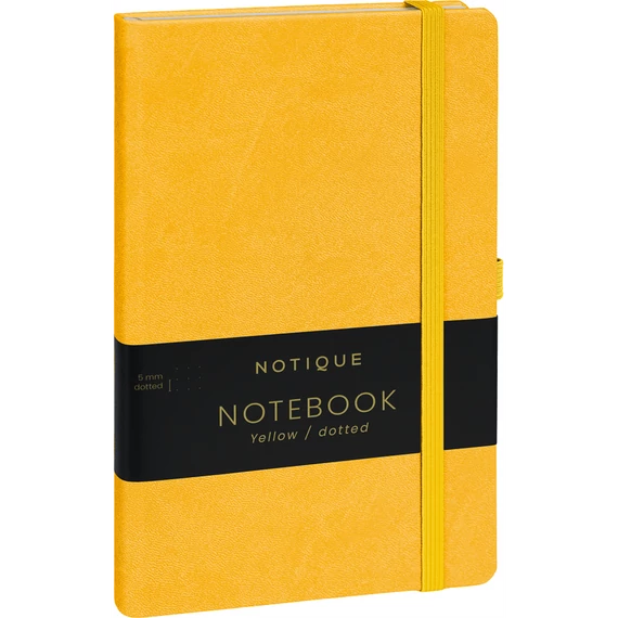 Keménytáblás notesz pontozott vonalozással krémszínű lapokkal leszorító gumiszalaggal Yellow 130x210mm, Presco