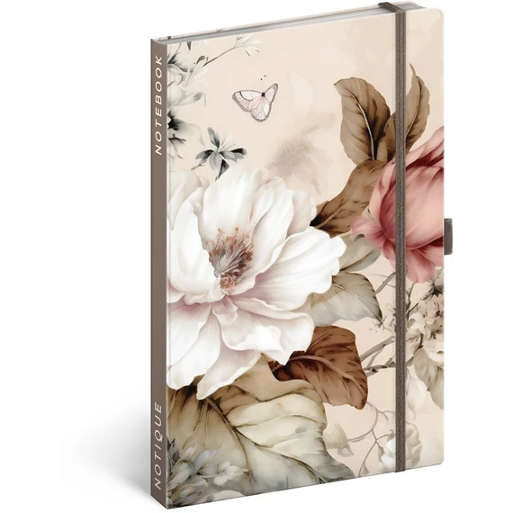Keménytáblás notesz krémszínű lapokkal leszorító gumiszalaggal Herbarium 130x210mm, Presco