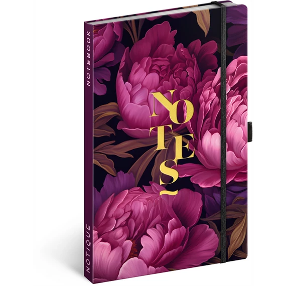 Keménytáblás notesz krémszínű lapokkal leszorító gumiszalaggal Purple Flowers 130x210mm, Presco