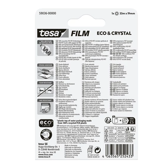 Ragasztószalag 19mmx33m irodai átlátszó újrahasznosított Tesa Eco & Crystal